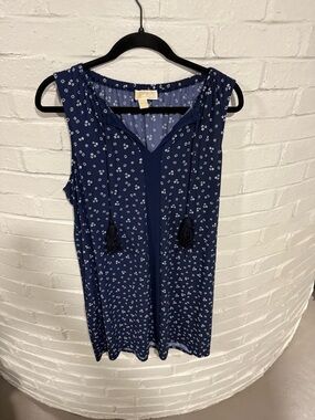 Michael Kors Navy and White Floral Tank Dress with Tassel Neck